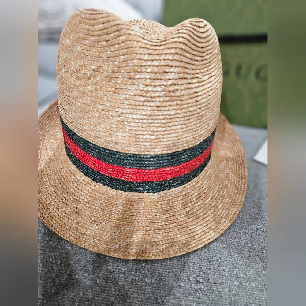 Gucci Trilby Straw Hat with Red and Green Stripe Size M EUC COMES W/ TAGS& BOX - Picture 13 of 16